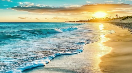Travel image with a beautiful beach with soft waves and the sun in the background between the clouds