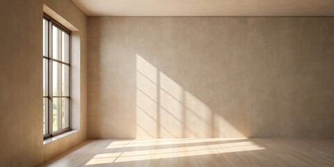 Obraz premium Sunlight streams through a large window in an empty room, casting long shadows on the beige wall and light wood floor.