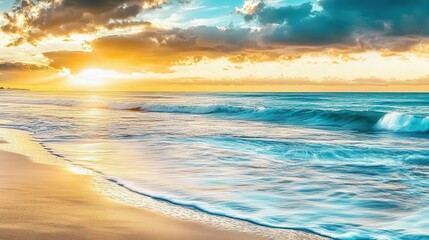 Fototapeta premium Travel image with a beautiful beach with soft waves and the sun in the background between the clouds