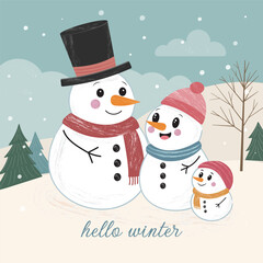 A lovely family of snowmen. Dad; mom and child in the winter forest. New Year card. Hello winter.