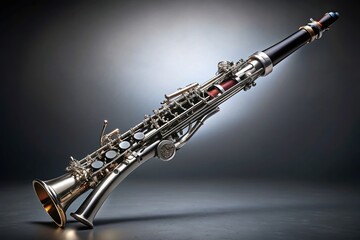 Obraz premium Elegant Isolated Oboe on a Soft Gray Background for Musical Instruments Showcase, Perfect for Music Education and Performance Art Imagery, Highlighting Craftsmanship and Detail