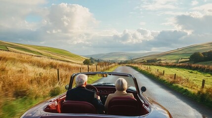 A retired couple enjoying a leisurely drive through the countryside in their luxury car, taking in the peaceful views.
