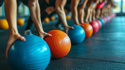 Personal trainer demonstrating weight exercises to a motivated fitness class"