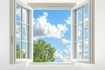Open window, blue sky, fluffy clouds, green tree.