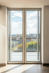 Fototapeta premium Sunny cityscape view through open balcony doors.