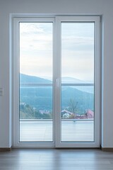 White door, mountain view, balcony, interior room.