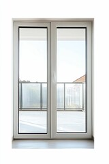 Fototapeta premium White-framed window reveals balcony, cityscape.