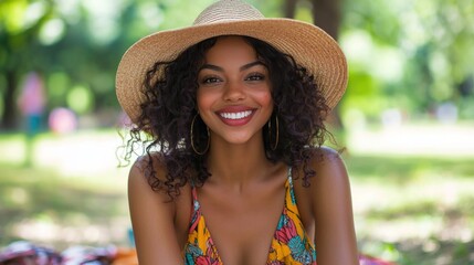 A woman wearing a colorful summer dress and sun hat, enjoying a picnic in a park during the summer.