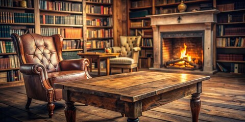 A cozy wooden coffee table in a library with a fireplace, a leather armchair, and bookshelves filled with volumes