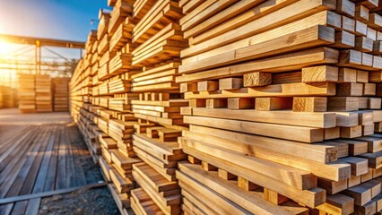 Fototapeta premium Stack of Smoothly Planed Wooden Lumber in a Warehouse with Sunlight Filtering Through Open Bay Doors