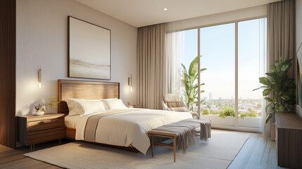 
A 3D rendering of a modern bedroom with a minimalist design. The space features warm wooden furniture, including a cozy bed with soft, neutral-colored bedding