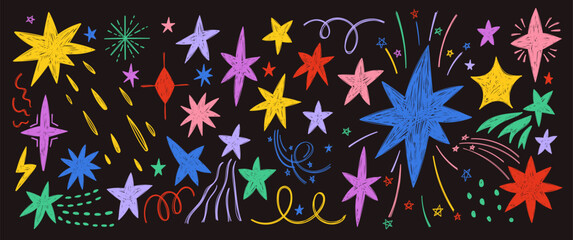 Doodle set of star glitter shine with blink, spark and twinkle. Hand drawn colorful vector illustration on a black background.