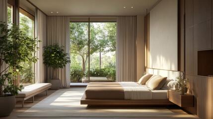 Fototapeta premium A 3D rendering of a modern bedroom with a minimalist design. The space features warm wooden furniture, including a cozy bed with soft, neutral-colored bedding
