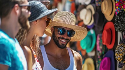 A group of friends shopping together in a trendy outdoor market, trying on summer hats and sunglasses.