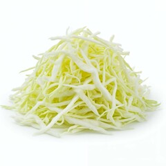 A pile of shredded cabbage on a white background.