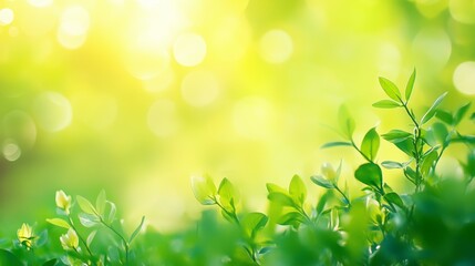 Green grass background with blurred bokeh and sun. Copy space, free space for text
