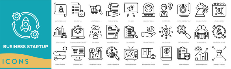 Business startup icon. Blueprint Beginning, Business Plan, Market Research, Funding Proposal and Pitch Deck
