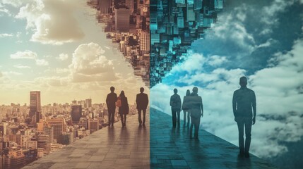 The symbolic representation of digital divide, contrasting images of technological advancement and digital exclusion, photography style