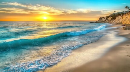Obraz premium Travel image with a beautiful beach with soft waves and the sun in the background between the clouds