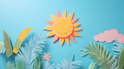 Colorful Paper Cut-Outs of a Bright Sun and Tropical Leaves Against a Vibrant Blue Background, Perfect for Summery Designs or Children's Themes