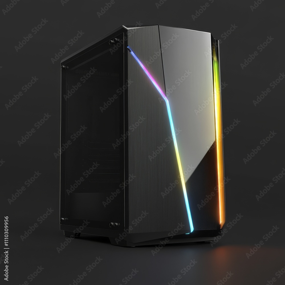 Poster set collection of black modern high end gaming computer with glass windows and bright colorful rainb