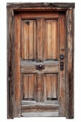 Weathered wooden door, rustic frame, old hardware.
