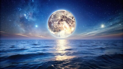 A Celestial Tapestry A Glowing Orb Casts its Light Upon a Deep Blue Sea, Embellished with a Constellation of Twinkling Stars