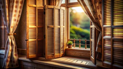 Elegant Tilt-Shift Photography of Isolated Blind Window Curtains and Louvers Capturing the Play of Light and Shadow in a Cozy Indoor Setting