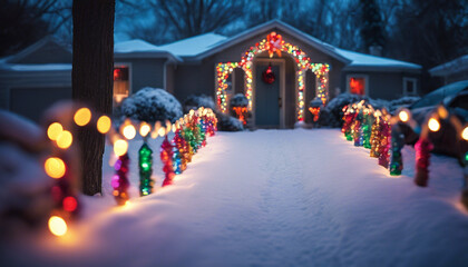 A snowy driveway adorned with arches of colorful Christmas lights and clusters of glowing ornaments, creating a magical walkway.