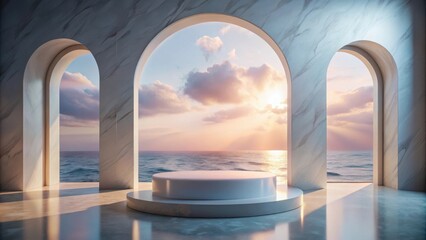Minimalist Marble Arches Frame a Serene Ocean Sunset with a White Pedestal for Product Display