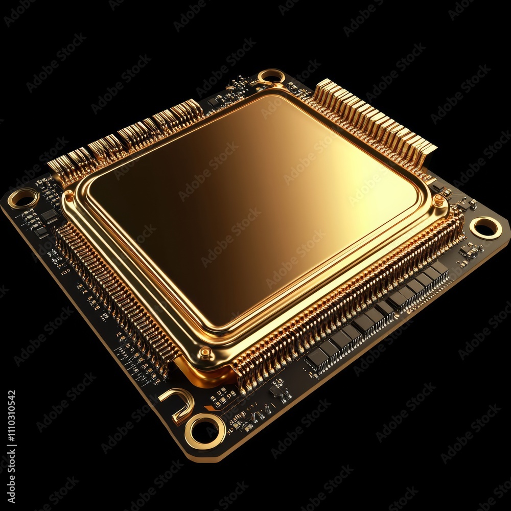 Aufkleber technology background with 24k gold cpu and motherboard chipset components. 3d illustration render
