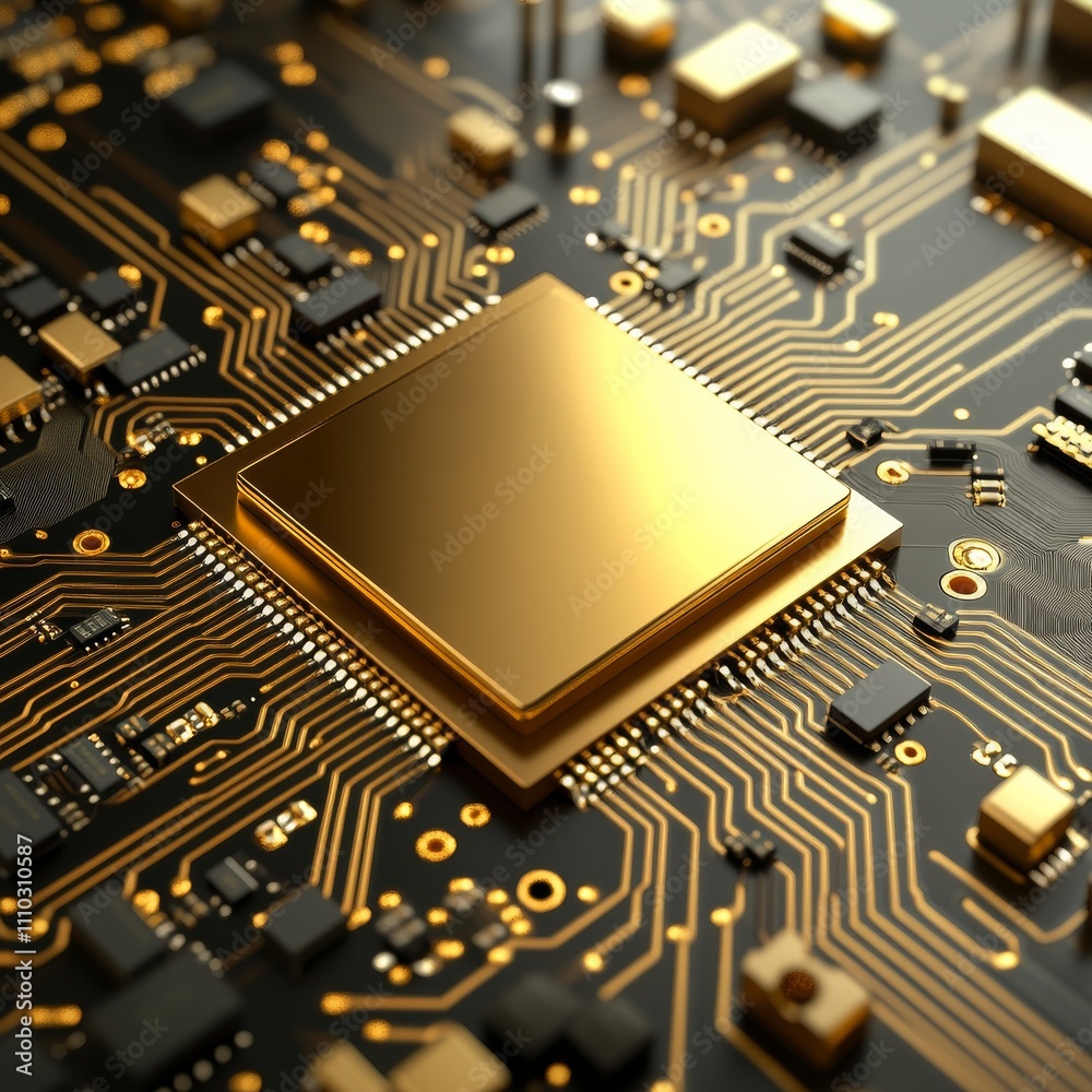 Aufkleber technology background with 24k gold cpu and motherboard chipset components. 3d illustration render
