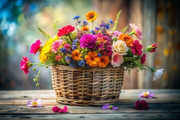 Obraz premium Elegant Watercolor Pot for Fresh Flowers in a Wicker Basket, Isolated on White Background with Soft Long Exposure Effects for a Dreamy Aesthetic