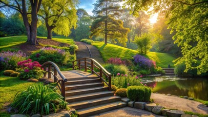 Obraz premium A wooden bridge leading to a serene pond in a park setting, with lush green foliage, vibrant flowers, and a gentle light filtering through the trees.
