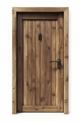 Wooden door, vertical planks, dark metal handle.