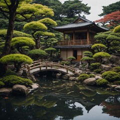 A serene Japanese tea house, surrounded by a traditional zen garden with koi ponds and bonsai trees.