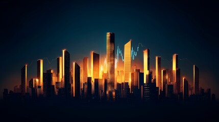 A vibrant city skyline illuminated by warm hues against a dark sky, showcasing modern architecture and futuristic design elements.