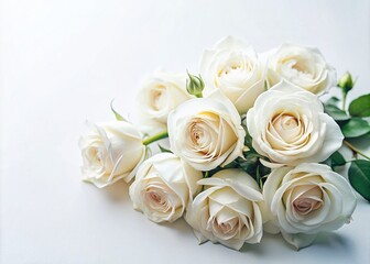 Obraz premium Elegant White Roses on a Soft White Background with Ample Copy Space for Text or Graphic Overlay, Perfect for Floral Themes and Minimalist Designs