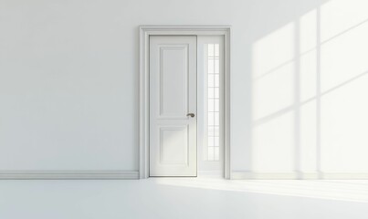 White door, white wall, sunlit room, minimalist.