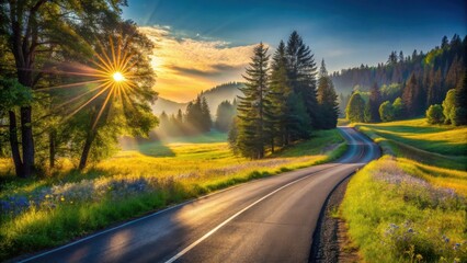 Obraz premium A winding road through a lush green meadow, bathed in the golden light of a setting sun, with a single tree standing tall in the foreground, casting long shadows across the landscape