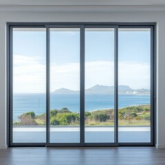 Naklejka premium Ocean view through large sliding glass doors.