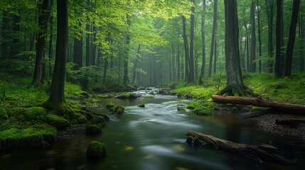 Fototapeta premium Serene forest landscape with a flowing stream and lush greenery in early morning light
