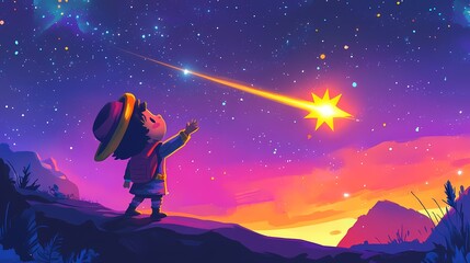 Enchanted Night Sky: A Young Boy Reaches for a Shooting Star Amidst a Vibrant Cosmos Filled with Colorful Stars, Nebulas, and Dreamy Landscapes