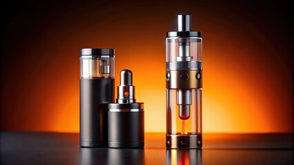 A trio of electronic vaporizers, featuring a sleek, modern design with stainless steel and glass components, set against a warm, orange backdrop.