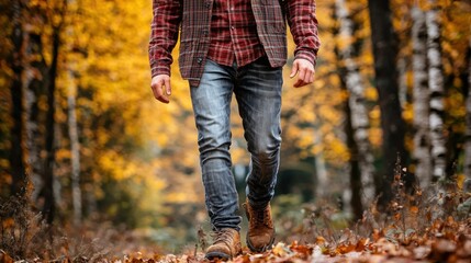 A man wearing a warm flannel shirt, layered under a stylish wool jacket, paired with jeans and rugged boots as he walks through an autumn forest.