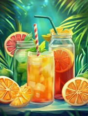 Fototapeta premium Summer fresh drinks. Tropical flavor juice, ice tea and citrus lemonade in bottle glasses or jar. Alcoholic fruit beach beverages, neoteric vector cartoon signs