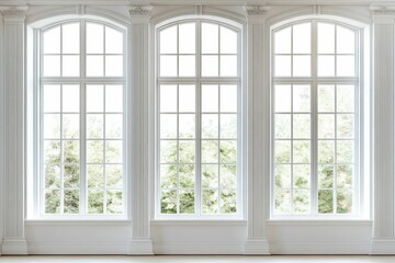 Fototapeta premium Triple arched windows, white columns, leafy view.
