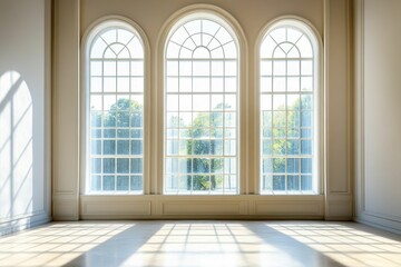 Fototapeta premium Sunlight streams through arched windows, illuminating room.