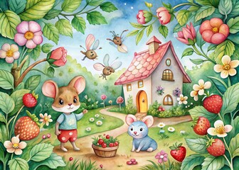 Fototapeta premium Enchanting Cartoon Forest Scene with Cute Houses, Strawberry Bushes, Flowers, and Mice Gathering Strawberries - Ideal for Kids' Room Decor and Fabrics