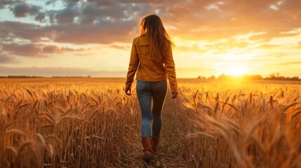 A model posing in a mustard-colored fall jacket and boots, walking through a golden wheat field at sunset.